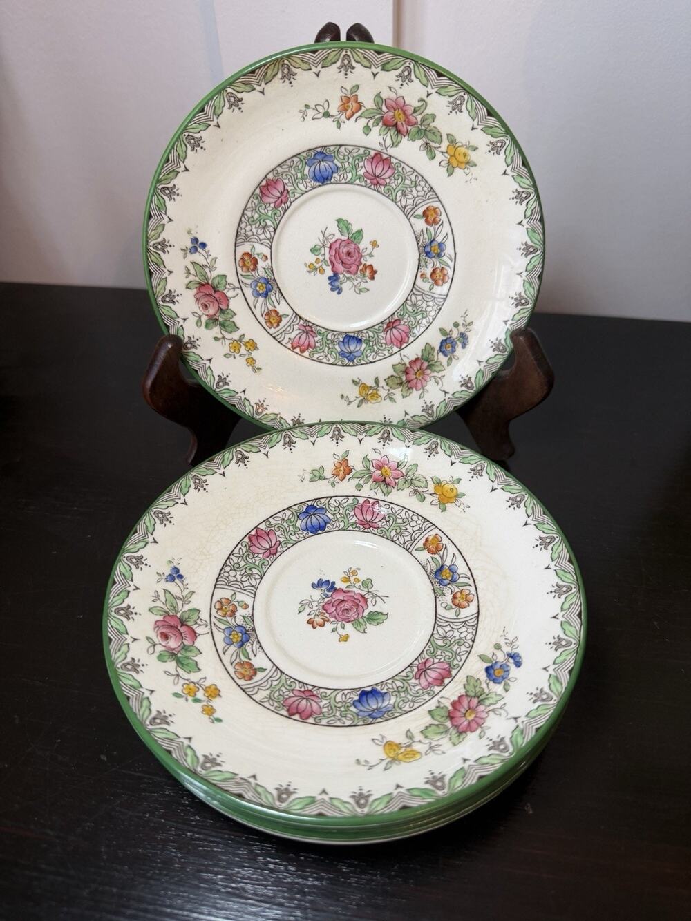 5 Vintage Copeland Spode Burlington ROSE Green Trim Floral Saucers Old Stamp